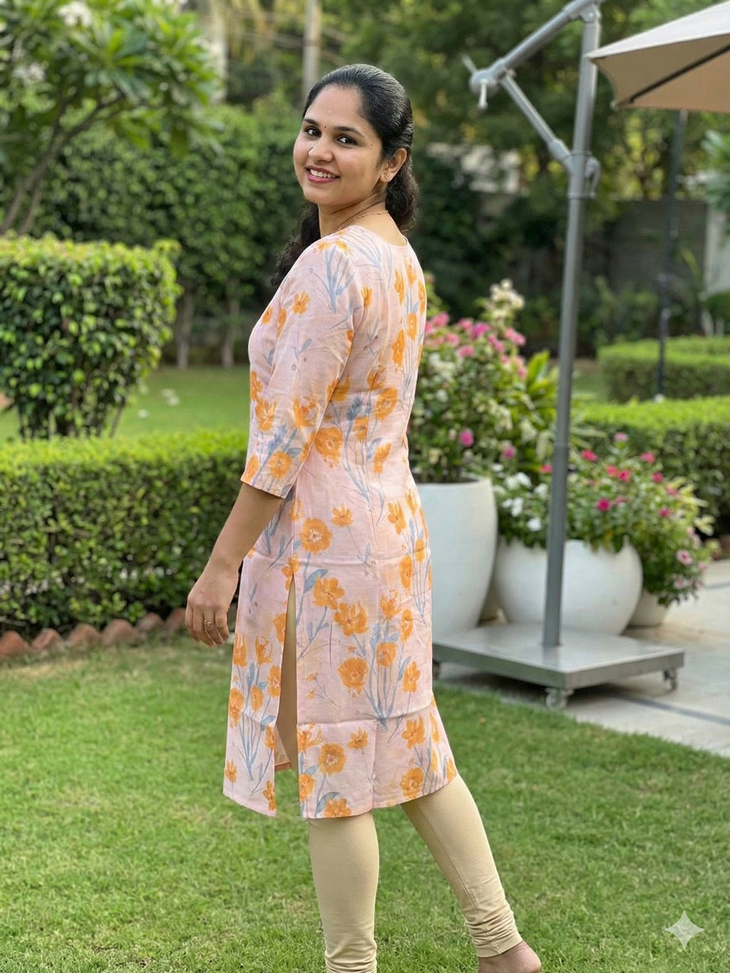 Linen Kurti- light peach and yellow