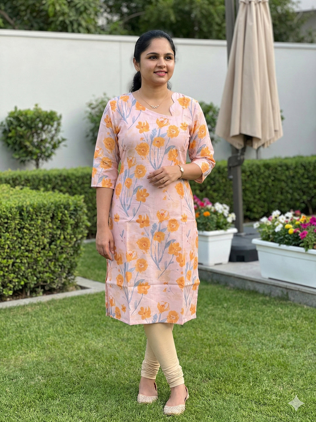 Linen Kurti- light peach and yellow