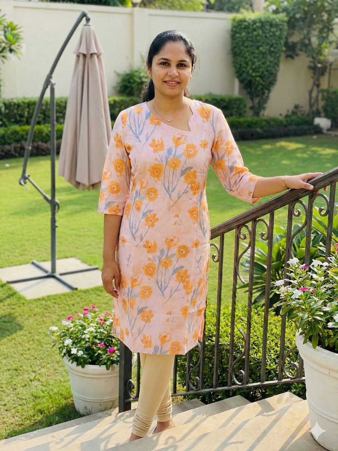 Linen Kurti- light peach and yellow