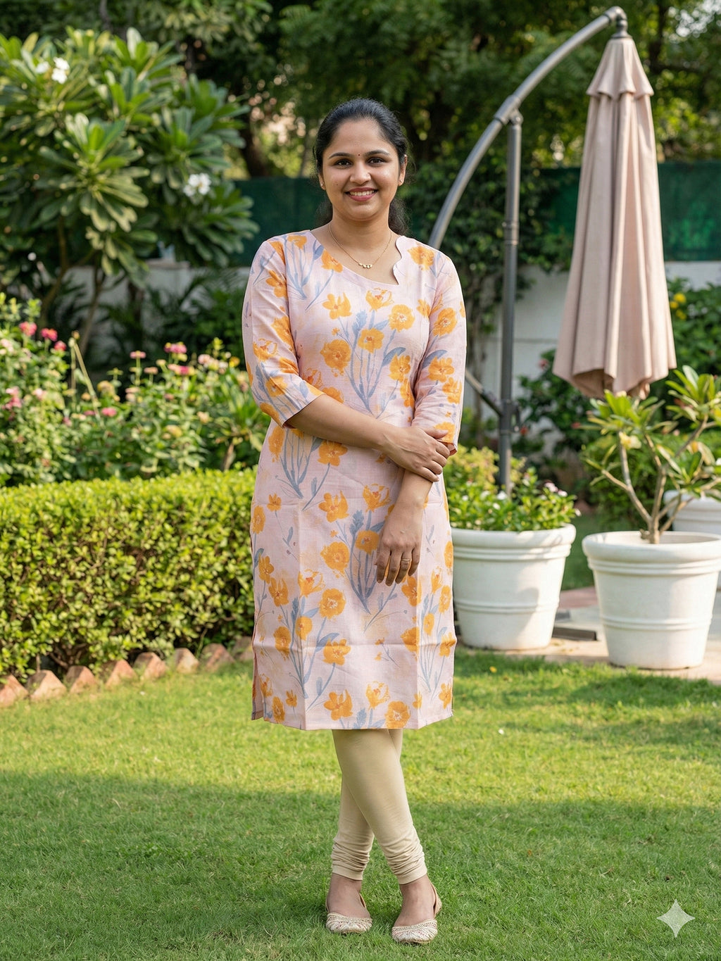 Linen Kurti- light peach and yellow