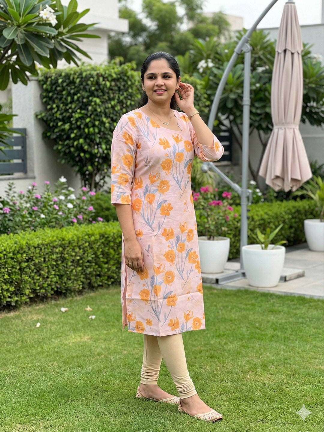 Linen Kurti- light peach and yellow