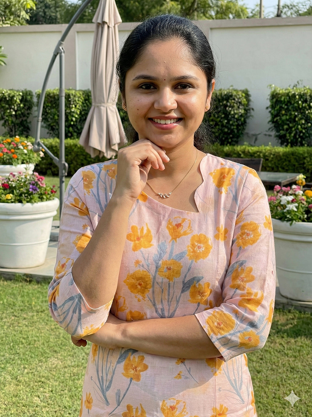 Linen Kurti- light peach and yellow