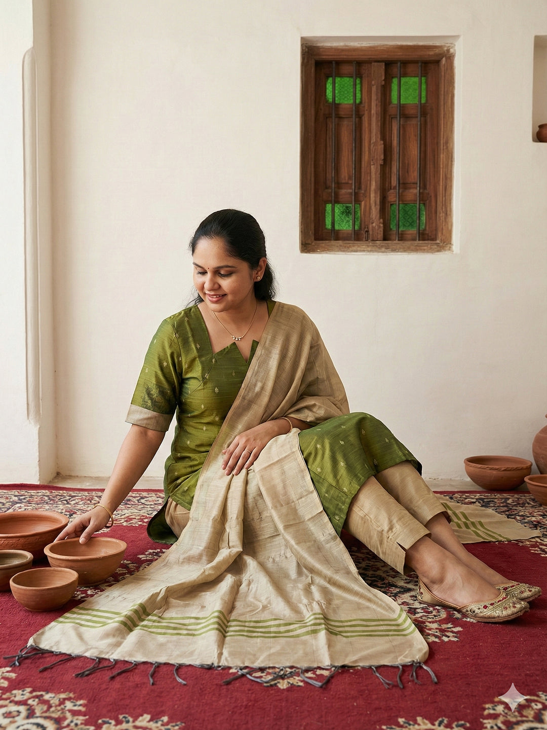 Raw silk salwar set - Green
