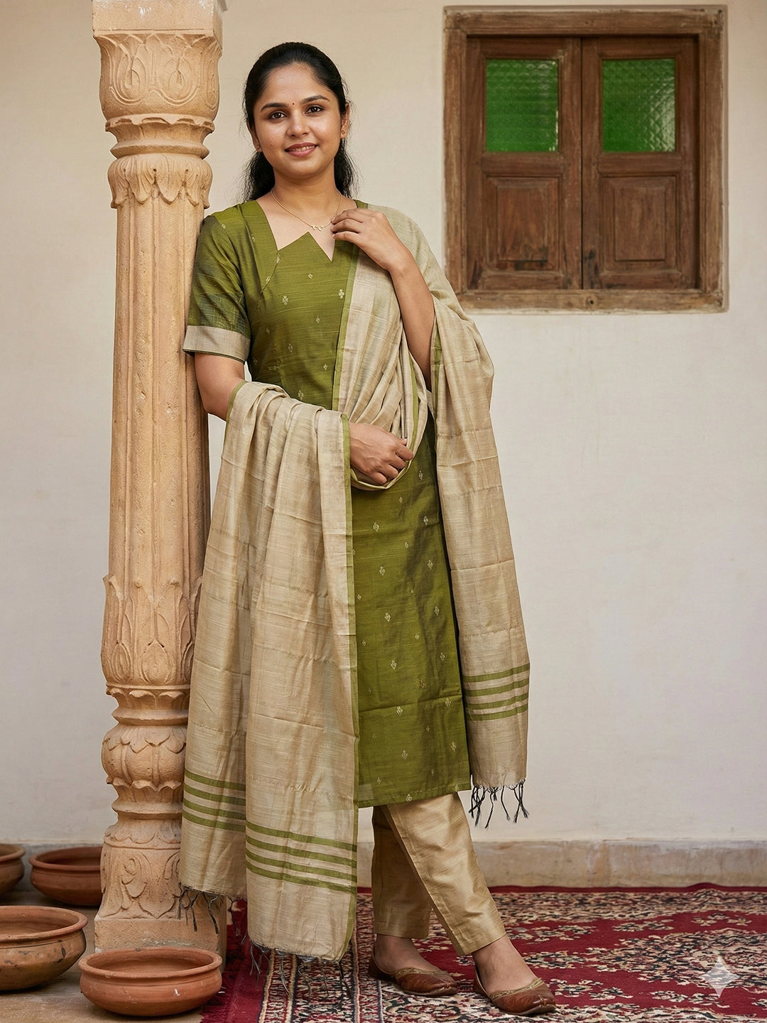 Raw silk salwar set - Green