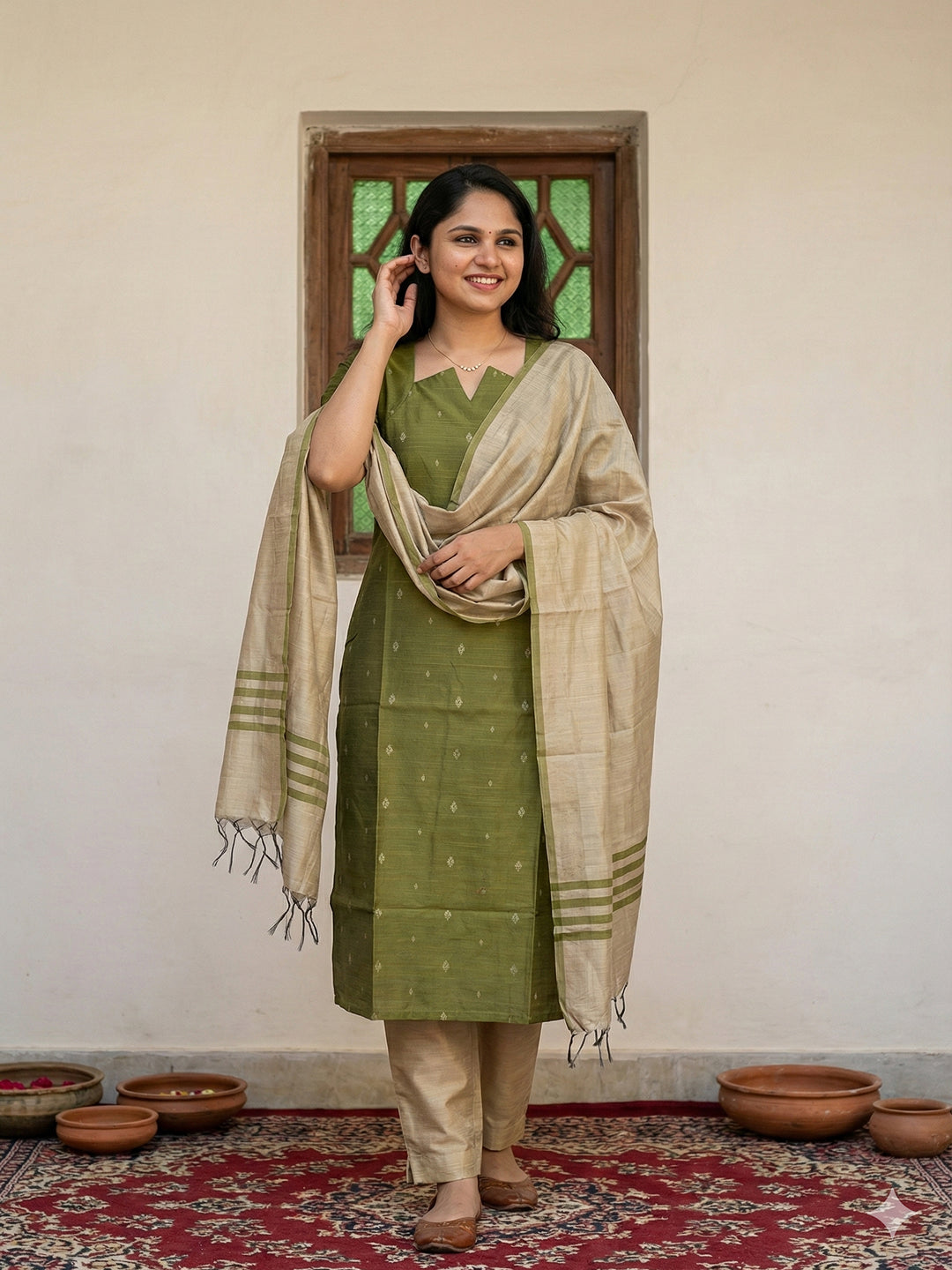 Raw silk salwar set - Green