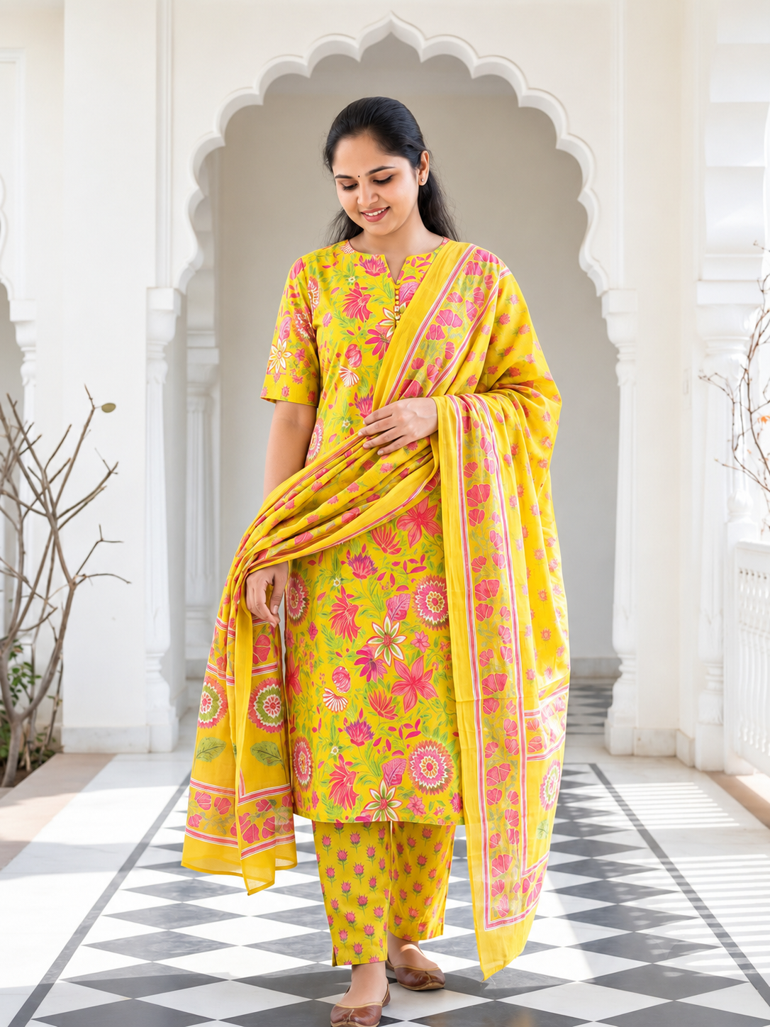 Bright Yellow Floral Cotton Salwar Set