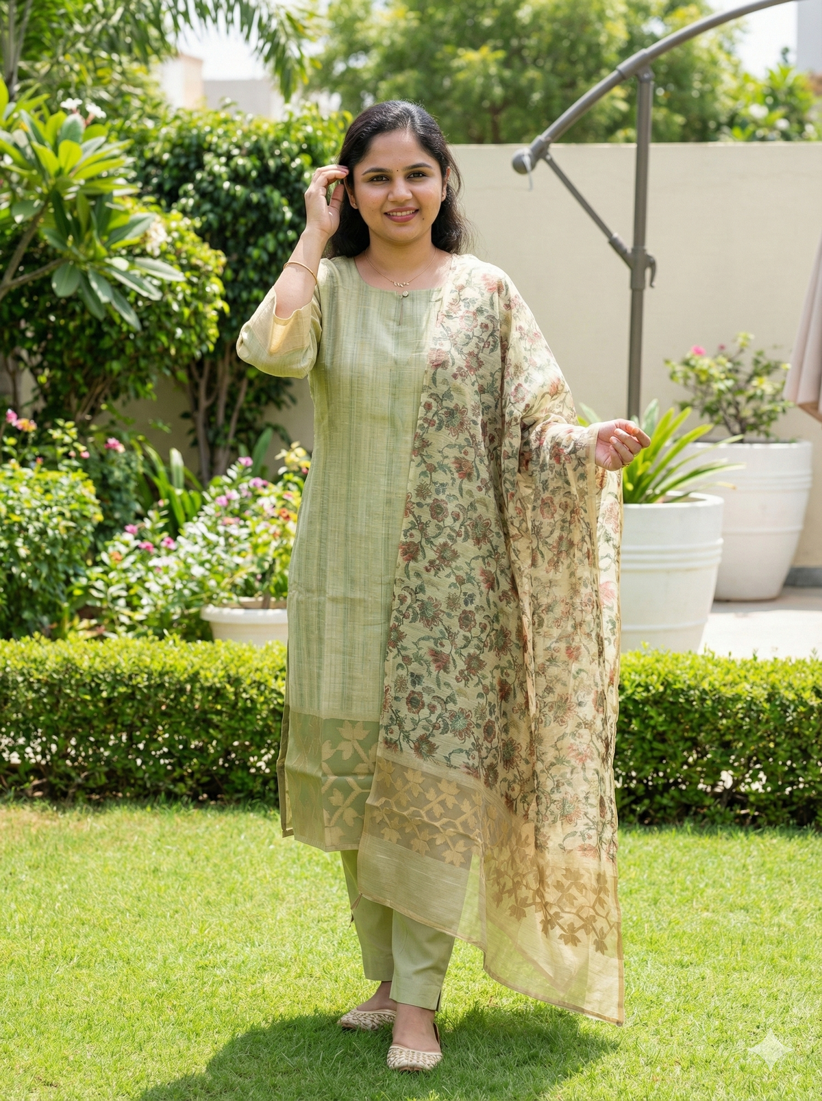 Mehandi green semi tussar pure jamdani weaving salwar set